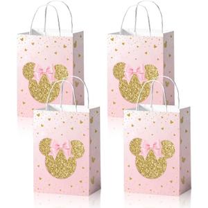 24pcs Cartoon Mouse Pink Golden Paper Gift Bag Party Favor Bags with Handle for Cookies Cakes Chocolates Candies Girls Party Baby Shower Decoration Supplies