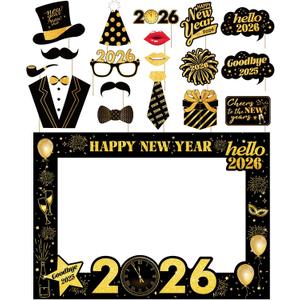New Years Eve Party Supplies 2026 - Deluxe NYE Photo Booth Props Kit with Giant Glitter Photo Frame, 2026 Glasses (Pack of 20)