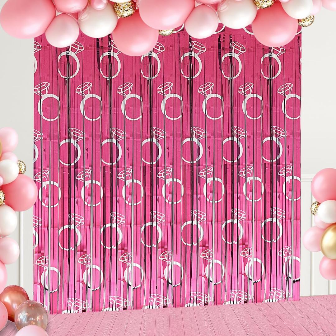 Bachelorette Party Backdrops Decor, 4 Pcs Diamond Ring Foil Fringe Curtains Rose Gold Tinsel Streamers for Bride-to-Be, Engagement, Wedding Shower, Bridal Shower Party Decorations