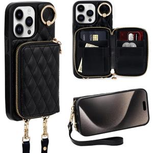 Keallce Case for iPhone 15 Pro Max 6.7'' Wallet Case, Crossbody Zipper Purse Handbag Wristlet for Women, RFID Blocking Card Holders, 360 Ring Kickstand Flip Leather Cover for iPhone 15 Pro Max, Black