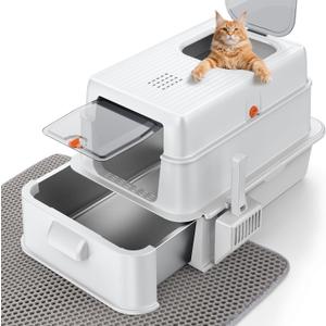 FURTIME Stainless Steel Litter Box with Lid, XL Extra Large Cat Litter Box for Big Cats, Enclosed Drawer Metal Litter Boxs with High Sided Enclosure & Mat, Front & Top Entry, Odor Free, Anti-Leakage (Silver)