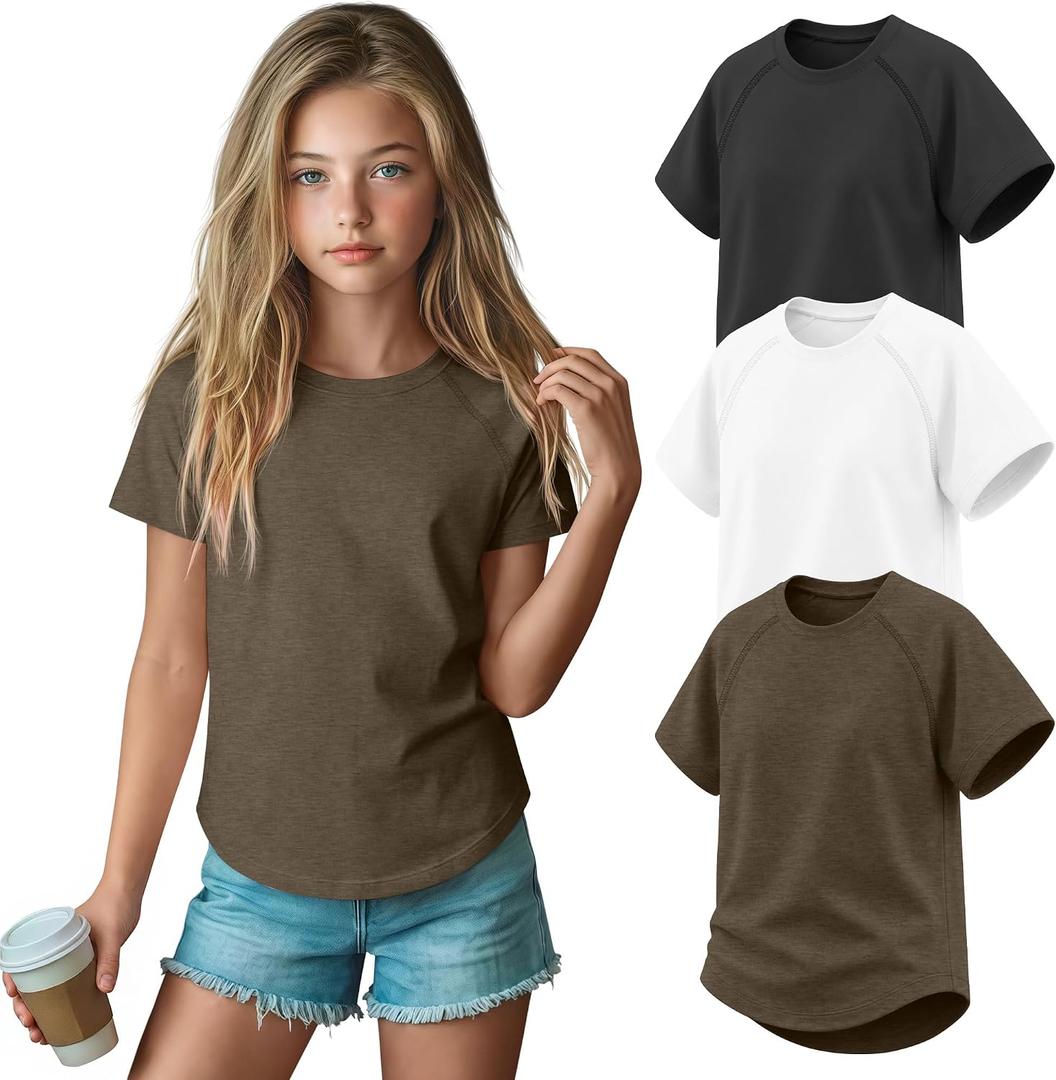 3 Pack Girls' Short Sleeve T-Shirts Loose Fit Crew Neck Tops Raglan Curve Hem Shirts Casual Kids Basic Tees 5-14Y