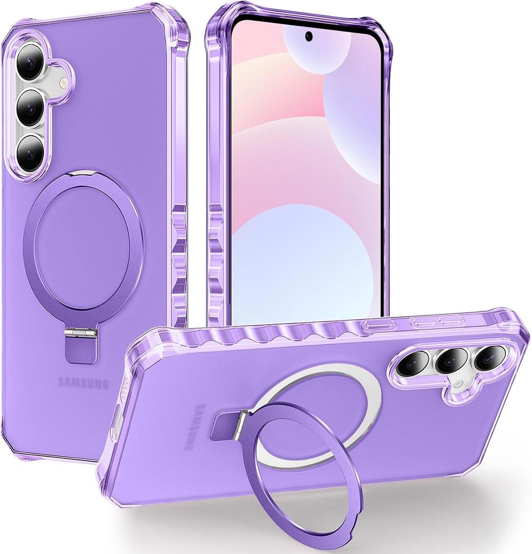 for Galaxy S25 Case 6.2", with Magnetic Ring Stand [Curly Edge] [Wireless Charging] [Reinforced Corners] Slim Fit Shockproof Protective Phone Case - Matte Purple
