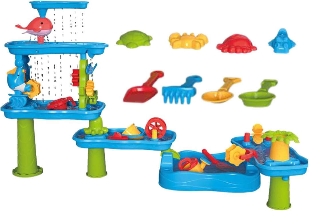 Kids Water Table 6-Tier Sand and Water, Rotatable Activity Pool with Beach Toys Set, Outdoor Fun for Patio, Backyard, Playground, Picnic, Park, Garden Entertainment