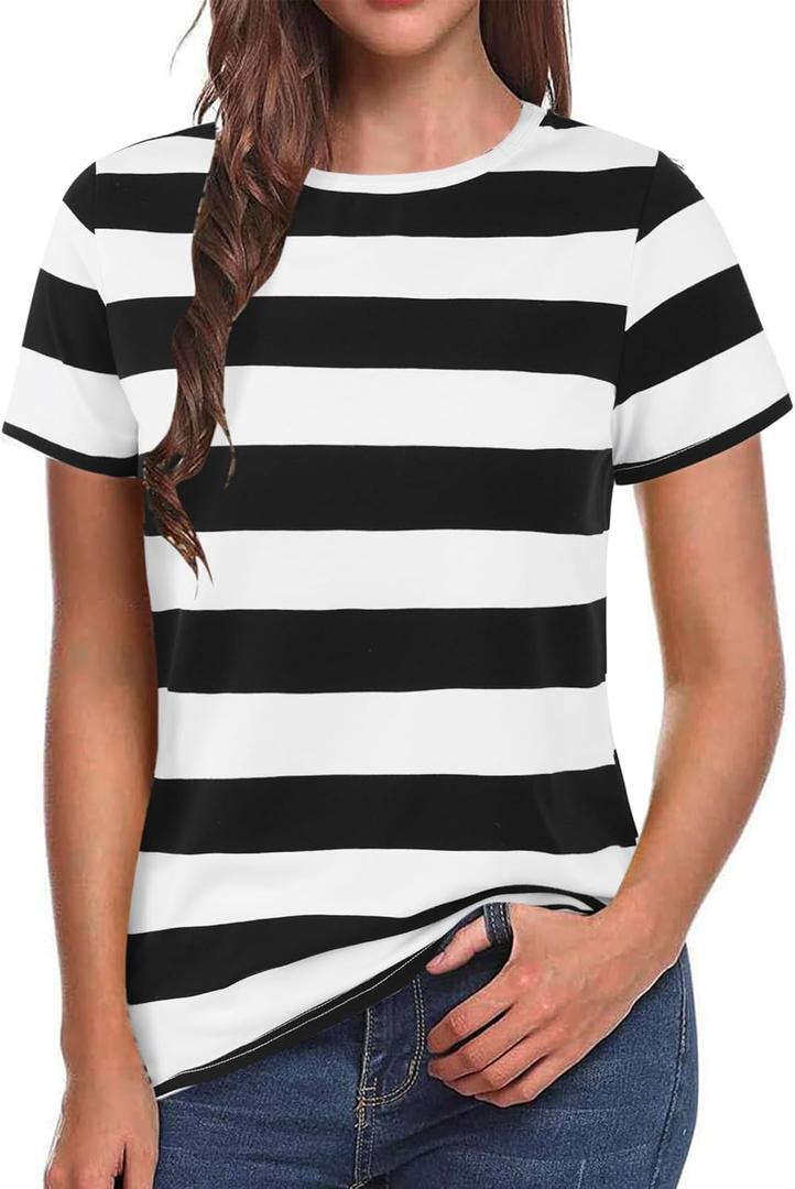 LilyCoco Women's Short Sleeve Striped Shirt Tops Crewneck T Shirt Basic Tees Black X-Large