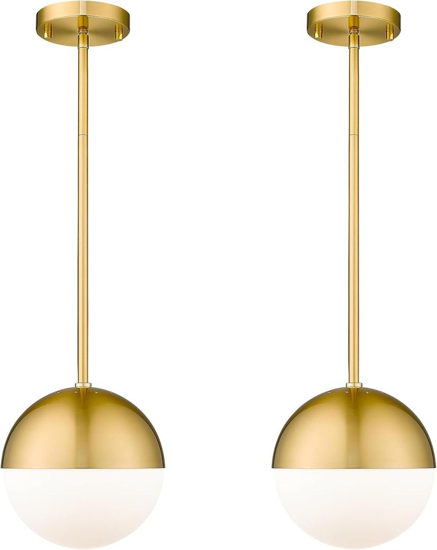 LMS 2-Pack Brushed Gold Pendant Lights, Modern Pendant Light with Milky Globe Glass Shade, Adjustable Hanging Lighting Rod for Kitchen Island Dining Room Bedroom, LMS-186BG2PK, 8" White Glass, 2 pack