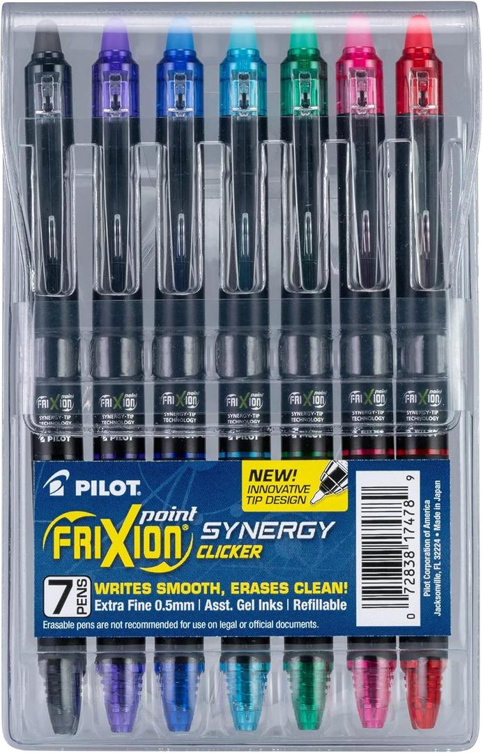 Pilot FriXion Synergy Clicker Erasable, Refillable, Retractable Gel Ink Pens, Extra Fine Point 0.5 mm, Pack of 7, Assorted Colors, FriXion Erasable Pens 0.5 - Ideal for School & Office Writing