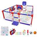 Playpen for Babies and Toddlers,73"x71"Baby Playpen with Mat IndoorOutdoor with Breathable Play Pen with Ocean Balls Hanging Pocket Basketball Hoop and Football Goal (Blue+Red with Mat, 73"x71")