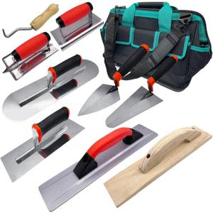 10 PCS Concrete Trowel Set, Masonry Hand Tool Kit Includes Finishing & Pool Trowel, Gauging & Brick Trowel, Wood Float, Groover, Edger, Extruded Alloy Float, Wire Twister & Carry Bag