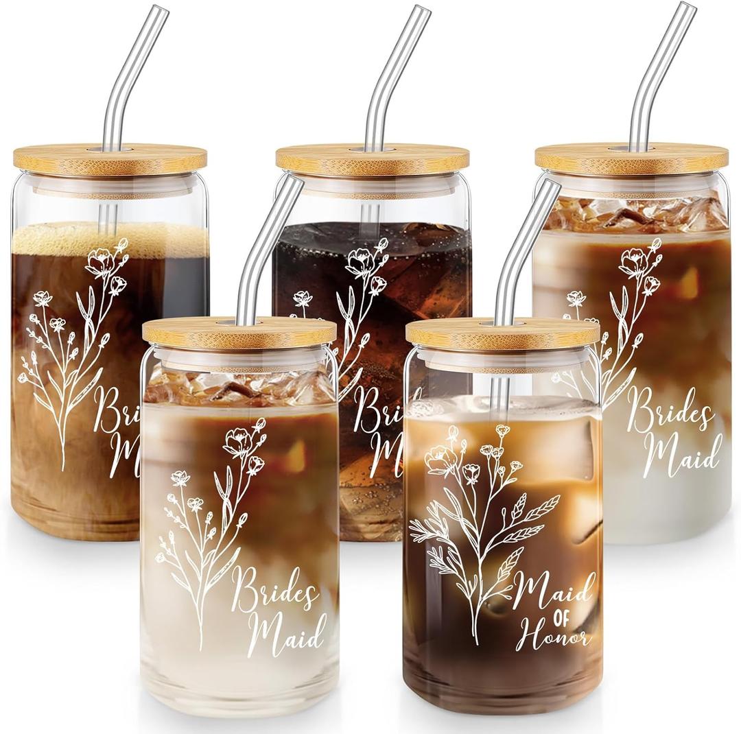 Layhit 5 Pcs Bridesmaid Gifts Bridesmaid Proposal Gifts 16 Oz Cute Can Shaped Drinking Glasses with Bamboo Lids and Glass Straw Iced Coffee Cup Mason Jar Cups for Engagement Wedding Bridal