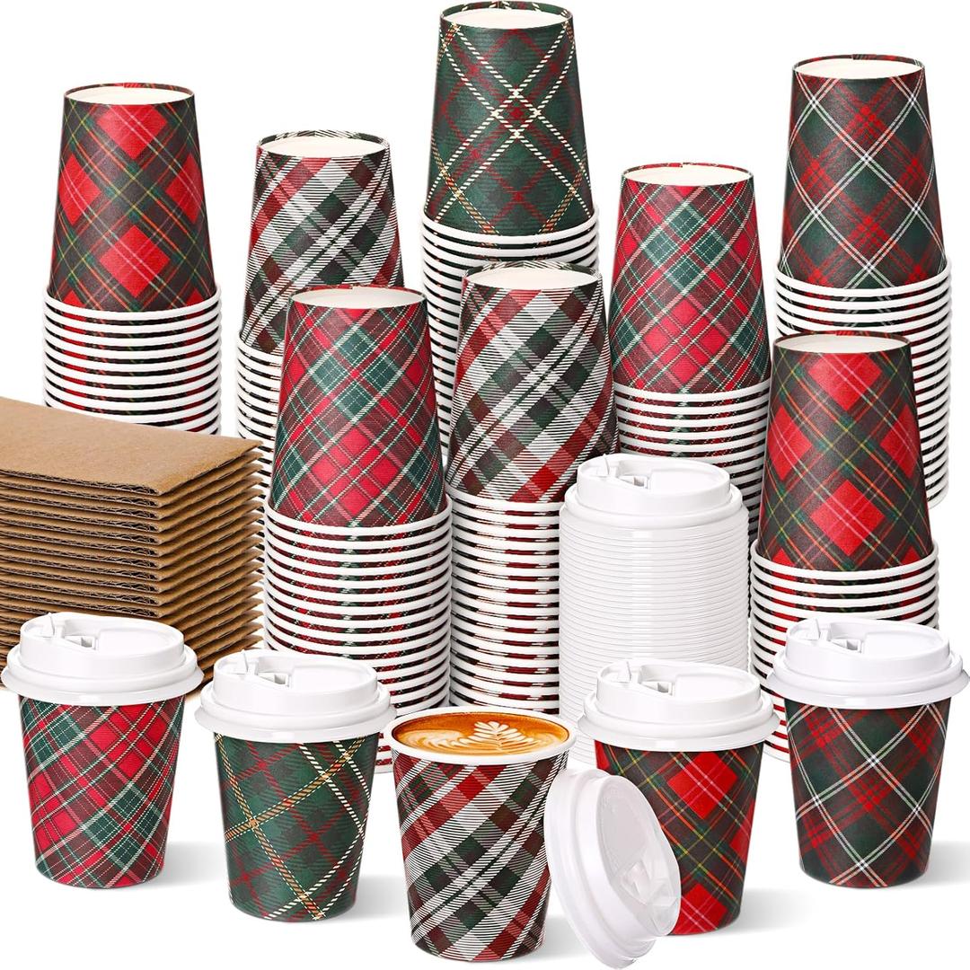 Cunhill 100 Set Christmas Disposable Coffee Cups 9oz with Lids & Sleeves Bulk Durable Thickened Paper Christmas Coffee Cups for Hot Chocolate Hot Cocoa Cold Drinks Xmas Party Supplies(Classic)