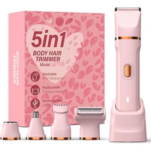 5-in-1 Bikini Trimmer for Women, IPX7 Waterproof Electric Razors Shaver, Cordless Body Hair Trimmer, Facial & Pubic Hair Removal, Ceramic Blade (Pink)