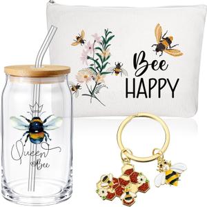 Hushee 3 Pcs Employee Appreciation Bee Theme Gifts for Women Makeup Bag and Glass Cup with Lid Straw Keychain Thank You Gifts for Back to School Housekeeping Week Staff Volunteer