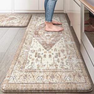 KIMODE Anti Fatigue Kitchen Mat, Farmhouse Kitchen Rugs Sets of 2, Non-Slip Waterproof Kitchen Floor Mats, Ergonomic Cushioned Standing Mat for Sink, Laundry, Desk Khaki 20"x47"+20"x32"