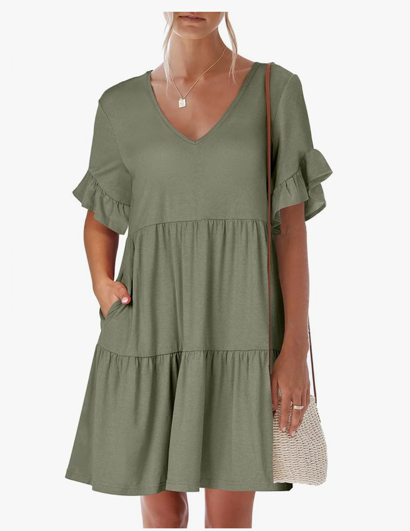 ANRABESS Dresses for Women Summer 2025 V Neck Ruffle Sleeve A Line Tiered Flowy Casual Trendy Mini Beach Dress with Pockets, Size XL