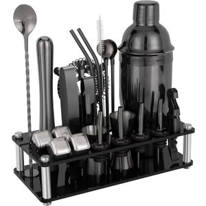 23 Piece Cocktail Shaker Set Bartender Kit with Acrylic Stand & Cocktail Recipes Booklet, Professional Bar Tools for Drink Mixing, Home, Bar, Party (Include 4 Whiskey Stones) - Black
