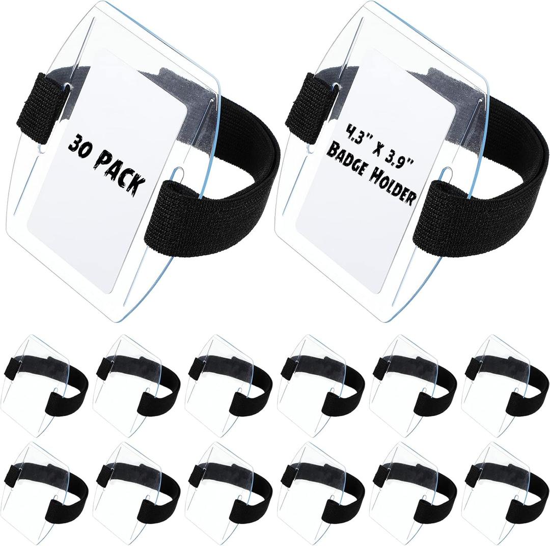 Epakh 30 Pcs Arm Badge Holder Armband ID Card Holder with Hook and Loop Fastener Clear Plastic Name Tag Badge Carrier, Universal Size(Simple Strips,Black)