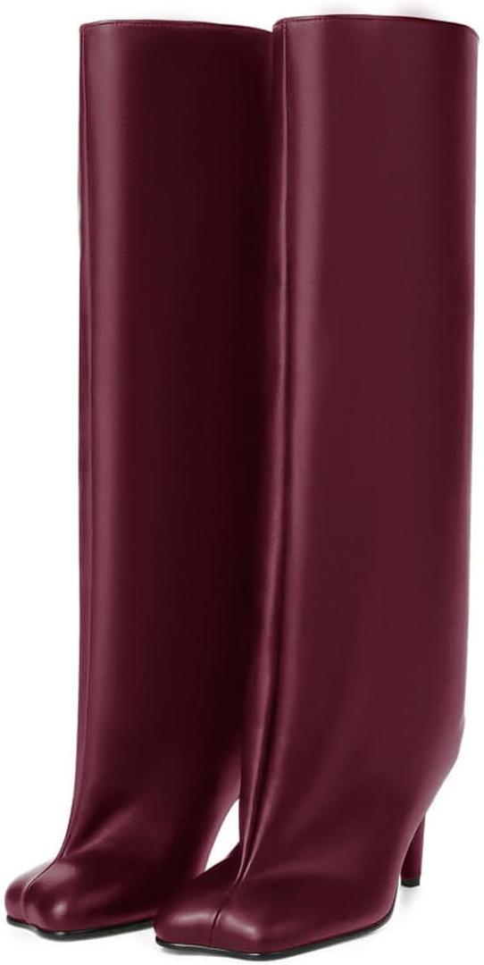 RJYLP Women's Knee High Boots Nude Suede Wide Calf Stiletto Long Boots Pull On High Heel Riding Boots Fahion Dress Fall Tall Boots (11, Leather Burgundy)
