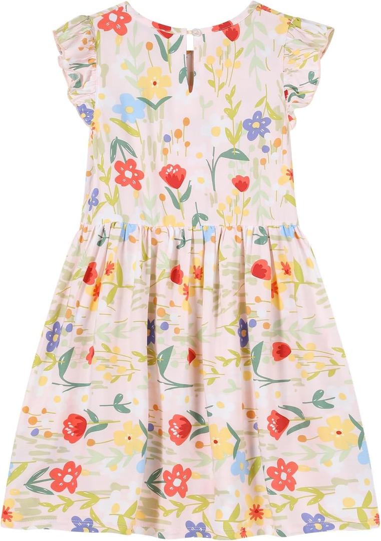 Girl's Summer Dresses Ruffle Sleeve Watercolor Flowers Sundress for Kids Casual Party (Pink)