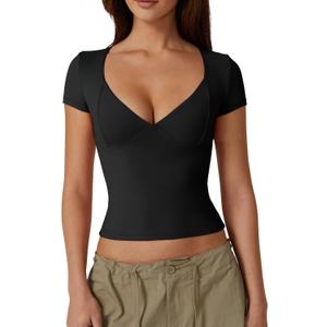 QINSEN Women's V Neck Short Sleeve T Shirts Double Lined Tee Seamed Cup Going Out Tops (Large, Black)