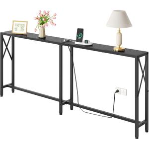 Console Table Narrow Long, Behind Couch Table with Oulets & USB Ports, Industrial Long Skinny Stand for Entryway,Hallway, Living Room, Bedroom Black, 7.9" D x 70" W x 30.3" H
