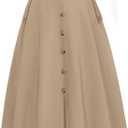 Belle Poque Womens Midi Skirt High Waist A Line Skirts Button Front Slit Flared Skirt Vintage Skirts with Pockets (Khaki, Medium)