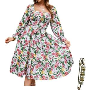 Women Square Neck Floral Dress Long Sleeve Boho Wedding Guest Dresses (S)