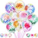 50 Pieces Flower Print Confetti Balloons 12 Inch Colorful Clear Floral Latex Balloon with Balloon Holder Sticks Spring Summer Tropical Picnic Wedding Birthday Graduation Bridal Shower Party Supplies