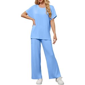 Womens 2 Piece Outfits Shorts Sleeve Tops Wide Leg Pants Casual Trendy Lounge Matching Set 2025 (Blue, XL)