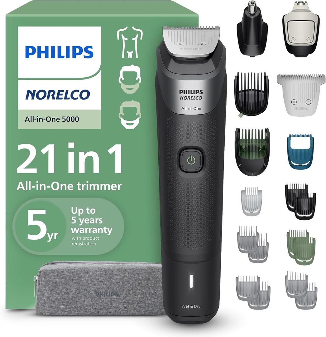Norelco Philips All-in-One 21-Piece Trimmer 5000 Series - Electric Shaver and Clipper for Face, Beard, Hair & Body, Self-Sharpening Titanium Blades, 22 Length Settings (0.5-16 mm), MG5995/40 (Black)