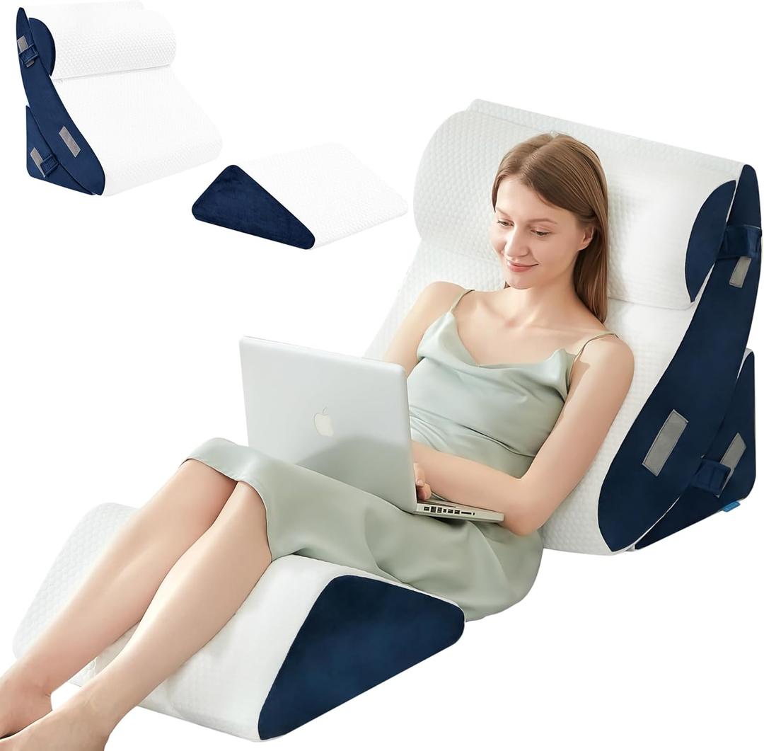 BDEUS 4PCS Orthopedic Bed Wedge Pillow Set for Sleeping, Post Surgery Foam Support Pillows for Back, Neck and Leg Pain Relief, Adjustable Triangle Pillow  Acid Reflux, GERD & Snoring Recovery (White & Navy)