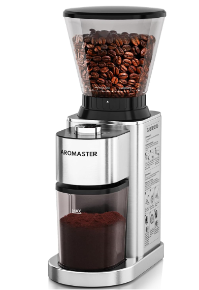 Aromaster Burr Coffee Grinder with 48 Gind Settings, Conical Coffee Bean Grinder for Home Use,Stainless Steel,40 Seconds Adjustable Timer,Antistatic,Easy to Clean with Brush
