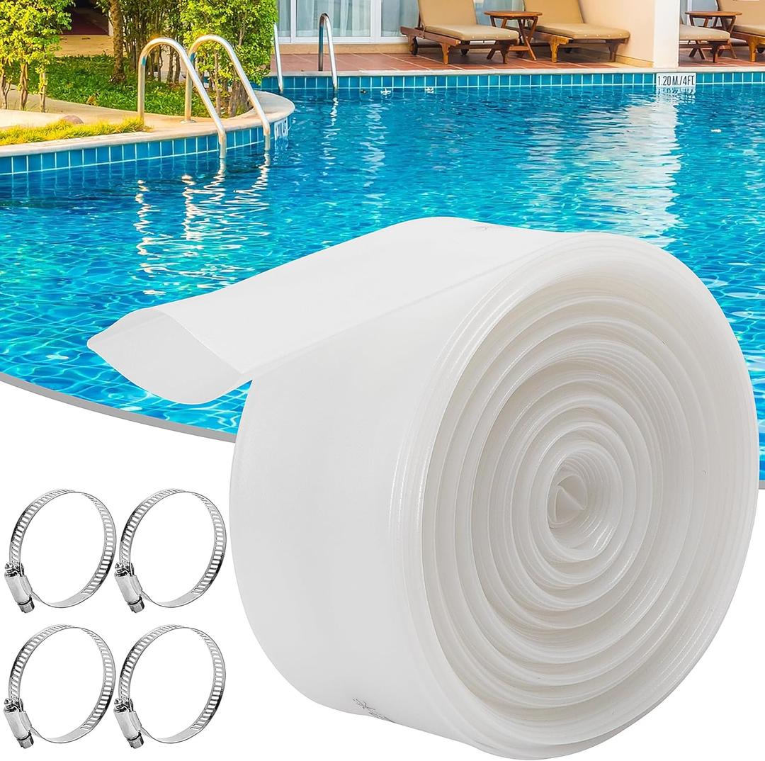DECOHS 2 Inch x 32 Ft Heavy Duty Transparent Pool Backwash Hose, PVC Swimming Drain Pool Hose, Lay Flat Water Discharge Hose with 4 Clamp for Pools Drain Clean Filter Sump Pump