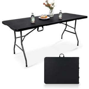 pollilar Folding Table 6FT HDPE 6 Foot Foldable Table Portable Banquet Surface Fold-in-Half Desk Utility for Working Meeting Parties, Picnic, Camping, Weddings, Catering, Garden Dining-Black