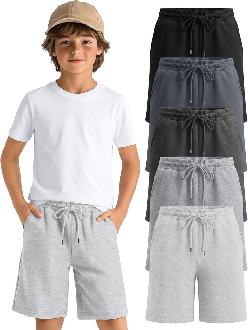 5 Pack Boys Shorts Kids Athletic Shorts Teen Casual Summer Bermuda Shorts Drawstring Joggers with Pockets, Size: 9-10 Years