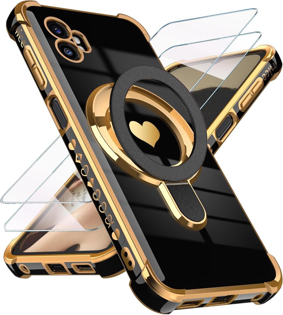 for Samsung Galaxy XCover7 Pro Love Heart Kickstand Case with 2X Screen Protector: Luxury Plated Gold Edge Slim Soft TPU Shockproof Protection Case Cover for Galaxy XCover7 Pro (Black)