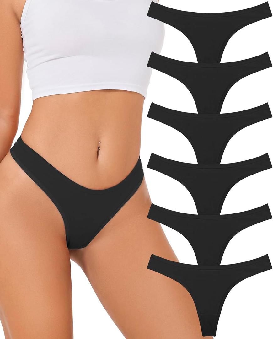 Sunm Boutique Cotton Thongs for Women, No Show Underwear for Women Pack, Sexy Low Rise Ladies Panties (Medium, 6 Pack - All Black)