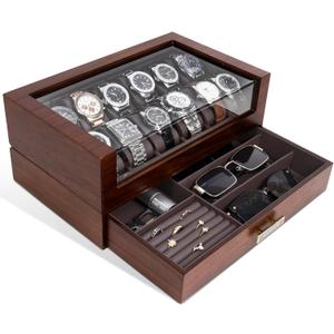 High End Watch Box for Men, 12 Slot Wooden Watch Case With Drawer, Watch Display Box with Glass Lid, 2-Layer Watch Holder for Jewelry and Watch Storage for Men Women , Ideal for Gift (With Gift Box) (Walnut)