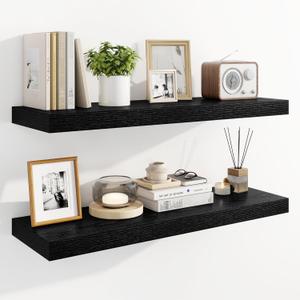 Marsmiles 32" Floating Shelves for Wall, Wooden Shelves with Invisible Brackets Set of 2, Rustic Farmhouse Wall Mounted Shelf for Kitchen Bathroom Living Room Study, Black