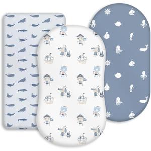 Bassinet Fitted Sheets 3-Pack, Ultra-Soft Microfiber, 360 Elastic Secure Fit, Fits 32x16x3 Oval/Hourglass/Rectangle, Ocean/Nautical Prints