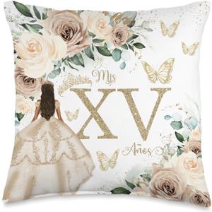 Champagne Cream Beige Roses Floral Quinceaera Mis XV Aos Throw Pillow (16x16)