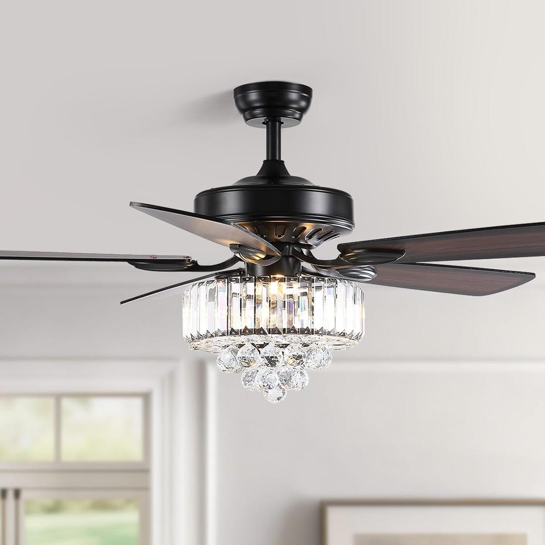 52 Inch Crystal Ceiling Fan with Lights and Remote Modern Black Chandelier Fan for Bedroom 5 Reversible Wood Blades Silent DC Motor Fandelier Ceiling Fans for Living Room Dining Room