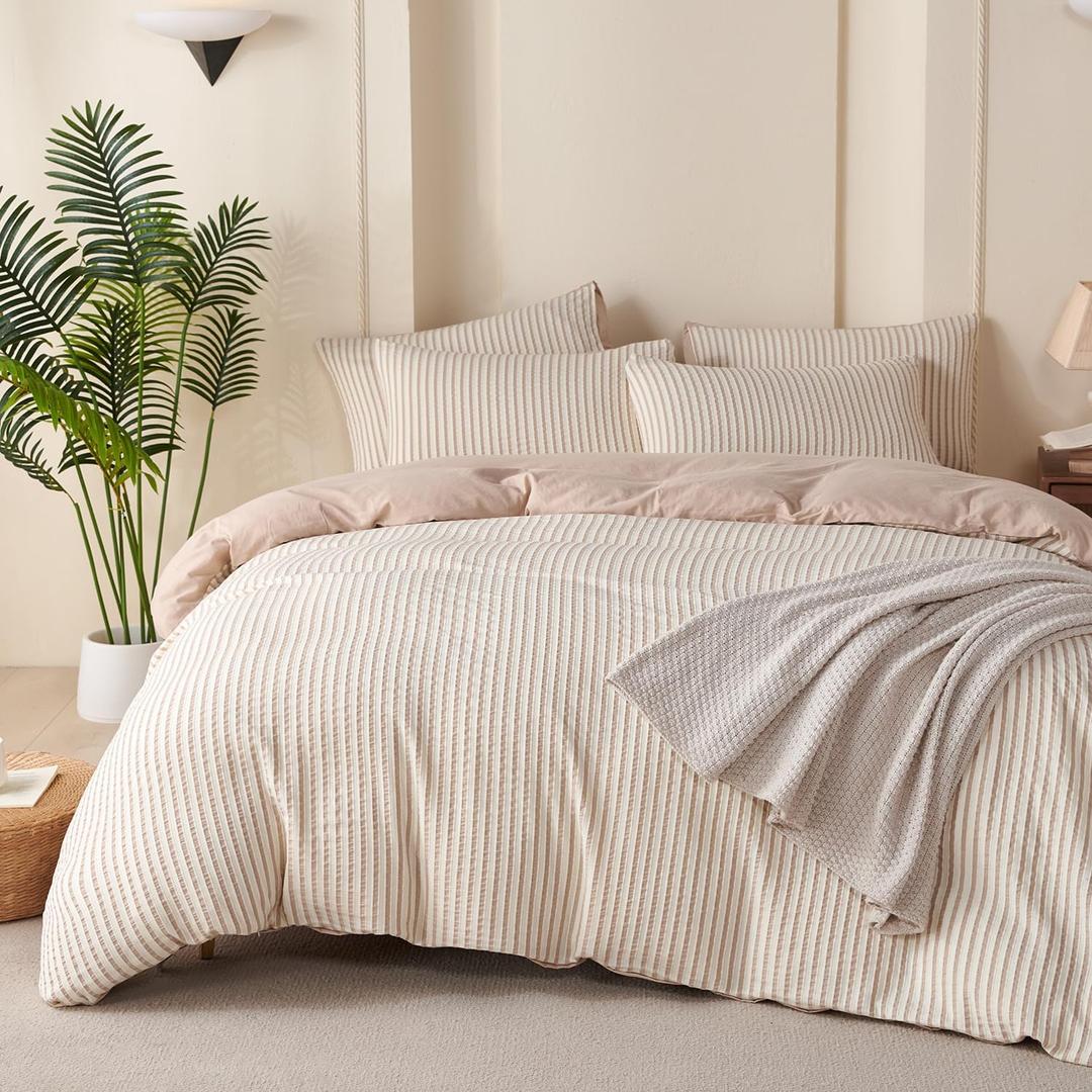 Striped Duvet Cover Queen Beige Washed Microfiber Jacquard 3 Pieces Bedding Set, White Beige Vertical Ticking Stripes Pattern Comforter Cover with Zipper Closure Breathable Durable Soft Comfy