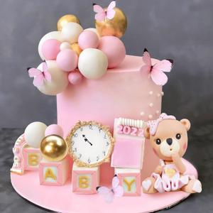 Bear Cake Toppers Mini Bear Cake Decorations Pink Letter Cake Toppers Gold Pink White Pearl Ball for Bear Theme Supplies (Pink Baby)