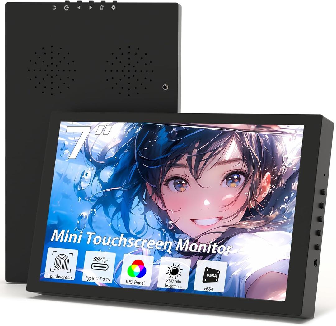 Small Monitor Touchscreen 7 Inch HD 1280x800 Type C HDMI Ports Mini Portable Monitor IPS LED Display for PC Laptop Ras Pi, Built-in Speakers