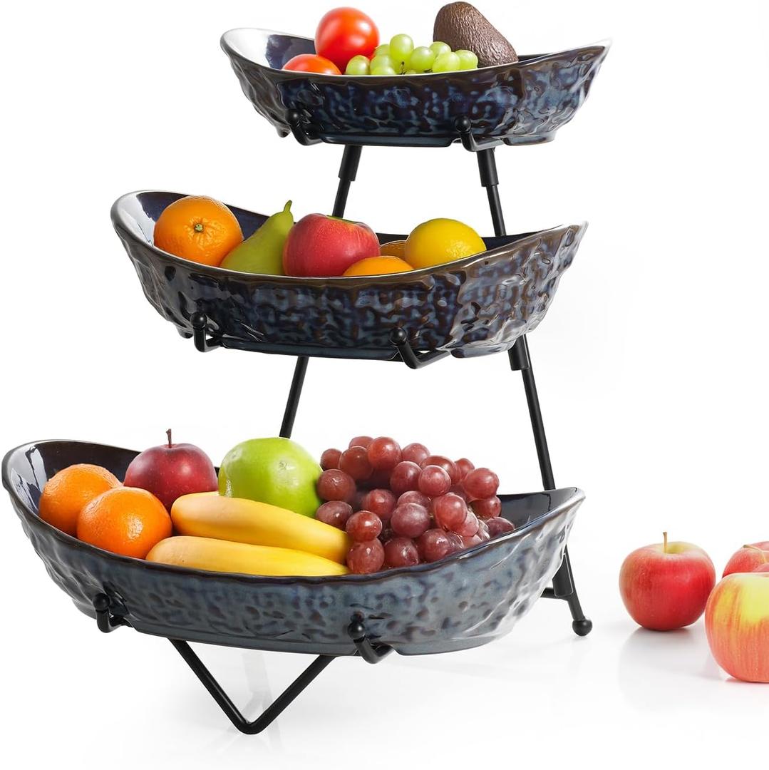 3 Tier Fruit Bowls with Metal Stand, Porcelain Fruit Basket for Kitchen Counter Fruit Display Stand for Party, Vegetable,Snack, Dessert, Blue