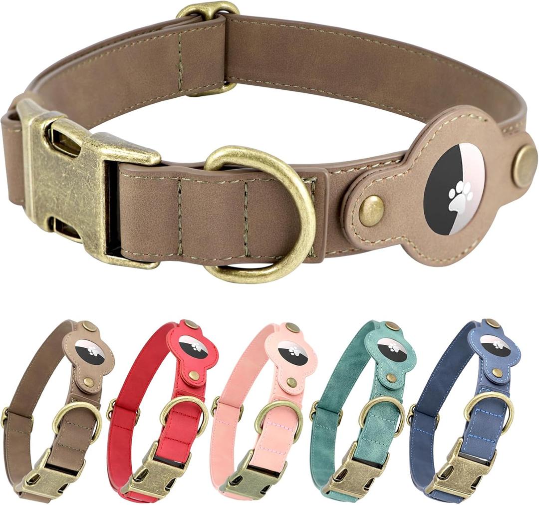AirTag Dog Collar, Soft PU Leather Dog Collar with AirTag Holder, 1" Wide Adjustable GPS Tracking Collar for Large Dogs, Heavy Duty Pet Collar with Quick Release Metal Buckle (Brown, L)