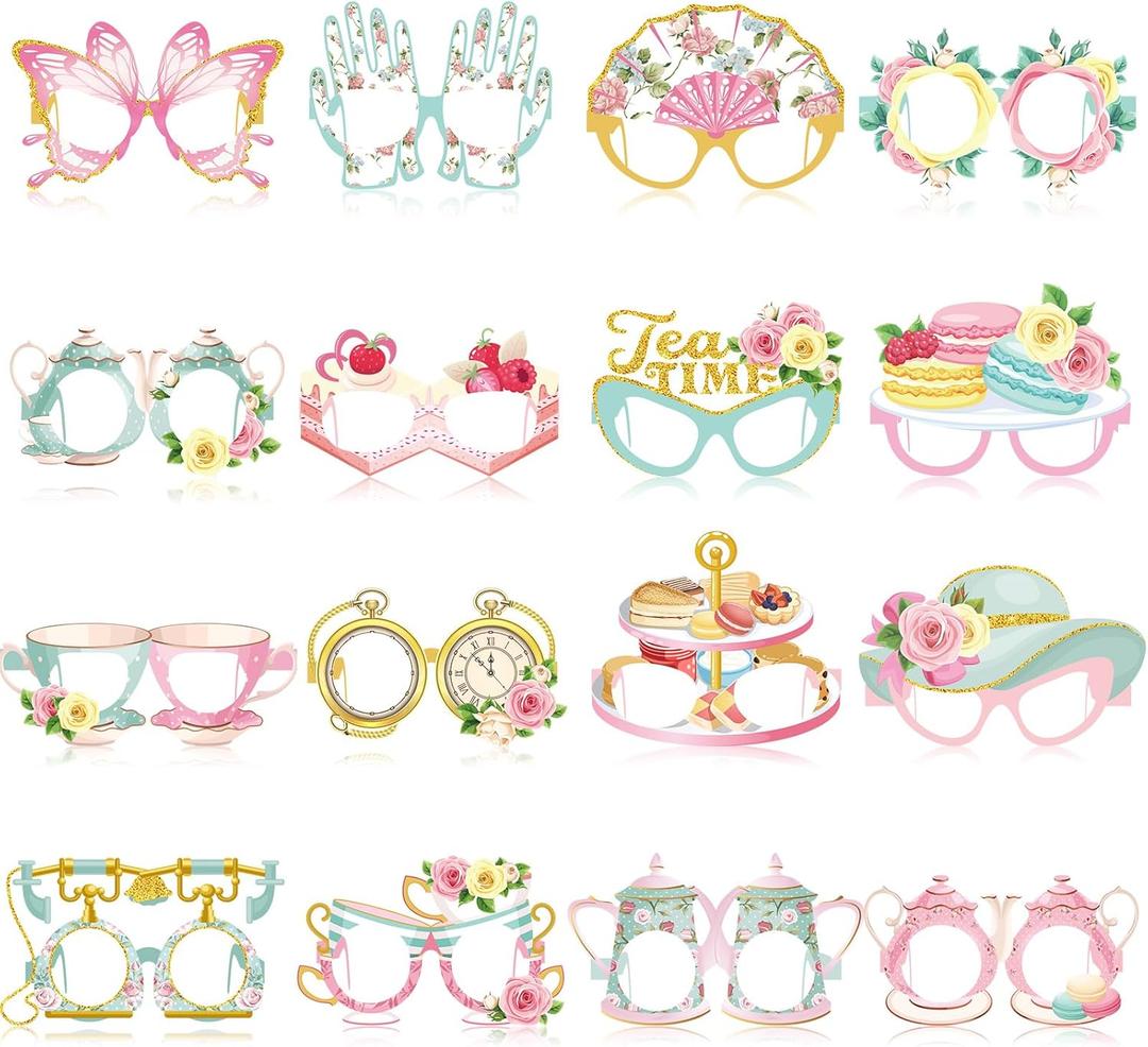 Pajean 32 Pcs Tea Party Decorations Eyeglasses Tea Time Themed Paper Glasses Supplies Floral Photo Booth Props Frame for Garden Floral Bridal Shower Birthday Party Decor Favors Supplies