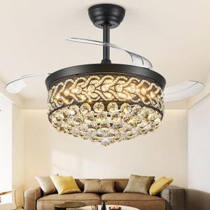 TXCSLY Crystal Fandelier Ceiling Fan with Light, 48" Retractable Ceiling Fans Chandelier Fan with Retractable Blades Dimmable Crystal Ceiling Fan Chandelier Fans for Bedroom Living Room etc-Black