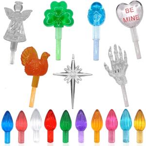 110Pcs in 10 Colors Ceramic Christmas Tree Replacement Lights - Plastic Bulbs Pegs, Included Angel Topper/ Heart Top/ Cross Stars/ Egg/ Turkey/ Skeleton Hand/ Clover